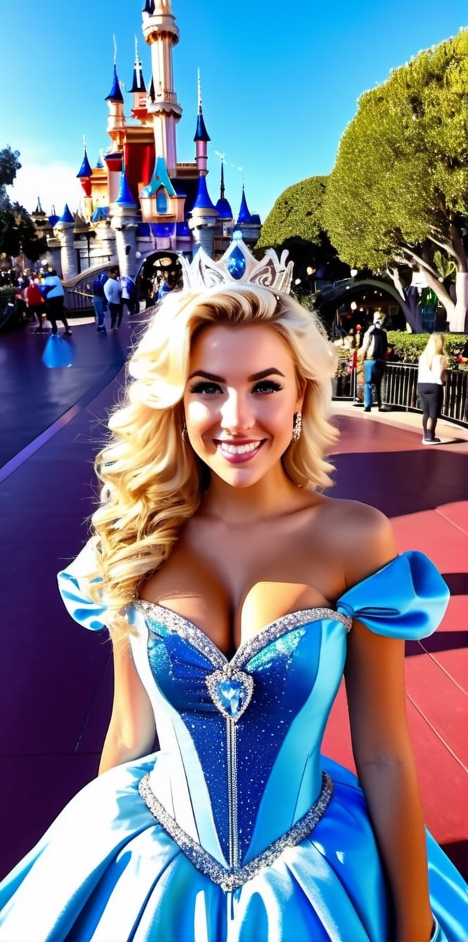 A GoPro  hiperalistic shot captures a rebellious blonde girl with beautiful,Cinderella Costume, curly hair, blue eyes, and an upturned nose posing  at Disneyland's attractions.