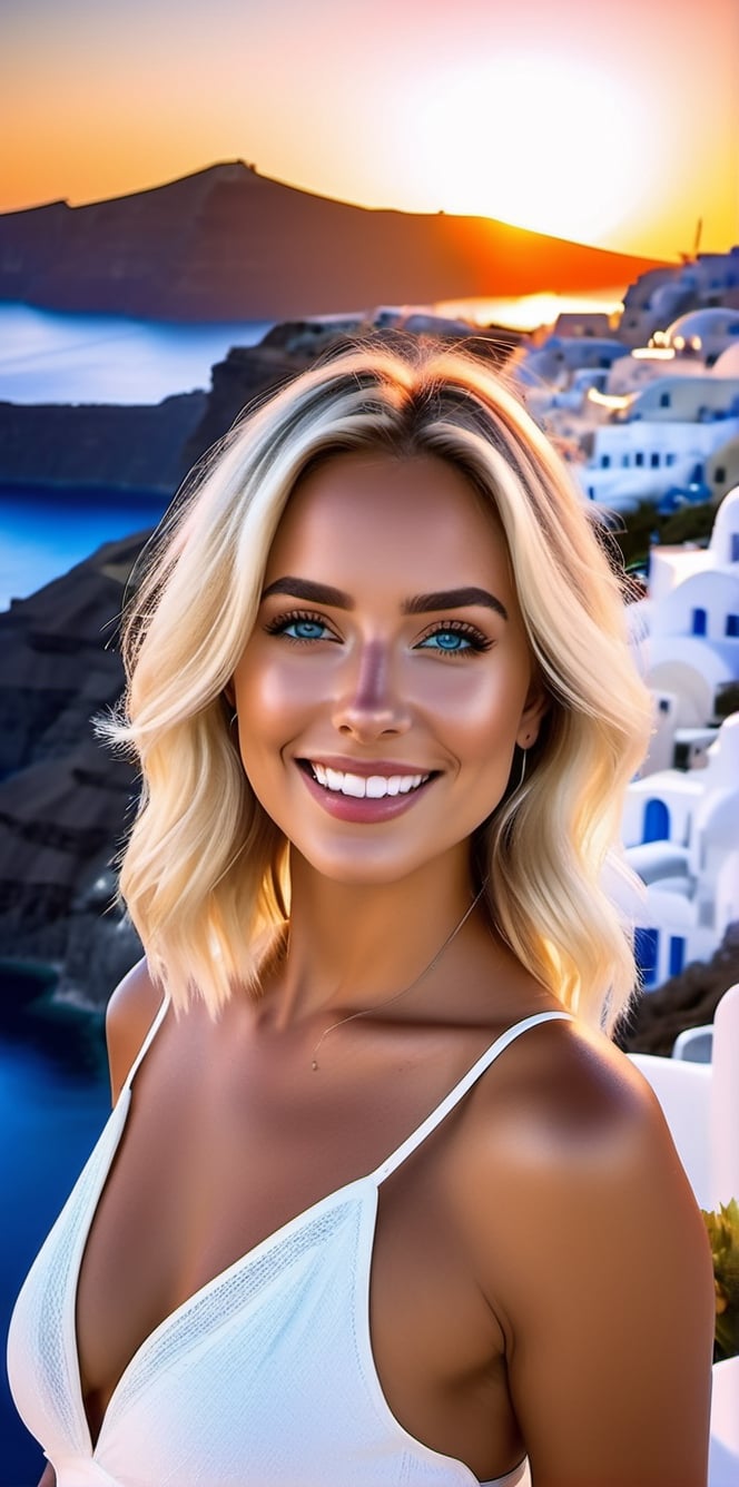 Generate a hyper-realistic GoPro (close-up 2:3) of an enigmatic Russian supermodel with piercing blue eyes, chic blonde hair, and a captivating smile, standing on the idyllic island of Santorini, Greece, during night (neon lights), background features the iconic white and blue buildings, creating a romantic and breathtaking ambiance. The shot focuses on her radiant smile and piercing blue eyes, with the GoPro capturing the warmth of the golden hour light as it highlights her chic blonde hair. The stunning backdrop of Santorini's architecture blends harmoniously with the serene sea and sky, creating an unforgettable scene.