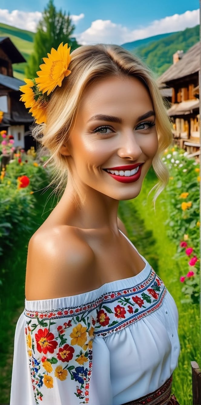 Generate a cinematic GoPro perspective (close up)capturing the enigmatic Russian supermodel as she visits an old Romanian village from the 1920s, nestled in the picturesque Maramureș area ,(vivid flowers and flowering trees next to wooden fences specific to the area), her striking blonde locks, piercing blue eyes, and a chic ponytail, she explores the village adorned in a traditional Romanian blouse, immersing herself in the cultural richness of the region. Against the backdrop of lush green grass, vibrant flowers, and charming old houses, she exudes an air of timeless elegance and grace. The GoPro photograph freezes her in a moment of enchantment, capturing the mesmerizing allure of the supermodel amidst the rustic beauty of the village's landscape. This close-up shot emphasizes her captivating smile and the interplay of natural lights, highlighting her beauty and the historical charm of the setting