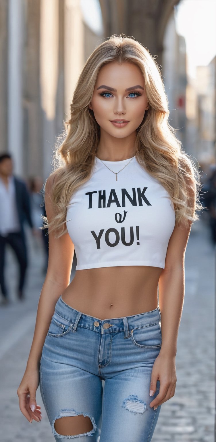 Supermodel with blond, long hair, looking at the viewer, perfect face, piercing blue eyes, lips, wide hips, small waist, tall stature, full body visible, holding a big sign that says "THANK YOU 6 K" , beautiful lighting, best quality, realistic portrayal, close frame, intricate details, depth of field, bokeh effect, captured with Fujifilm XT3, shot during a bright day, RAW photo format, UHD resolution, film grain present, tacticool style, makeup artfully applied, photo labeled as "r3al", captured by "FilmGirl".