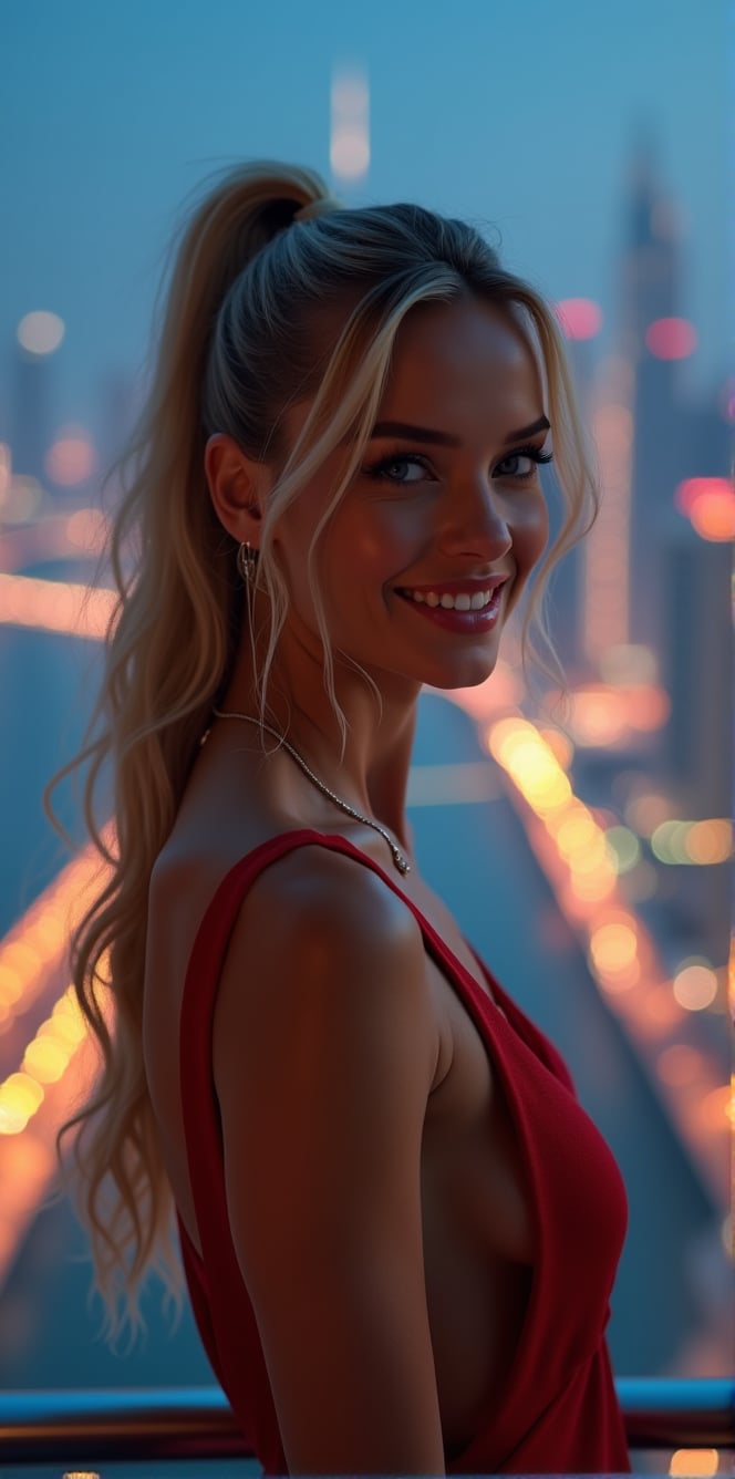 Generate a hyperealistic cinematic image of a supermodel with striking features – blonde hair, blue piercing eyes,warm smile, and a stylish ponytail – posing on her balcony in Dubai, admiring the breathtaking view. Capture the essence of elegance and sophistication against the backdrop of Dubai's skyline. Utilize cinematic shot types like a long shot to emphasize the surroundings, and incorporate close-ups to showcase the model's beauty in detail. Choose lenses such as 35mm and 85mm for a balanced perspective. Leverage high-resolution keywords like 8K for clarity and detail. Consider a photorealistic render to bring out the realism in the scene, ensuring the supermodel becomes a seamless part of the picturesque Dubai landscape, at night time, neon lights.




