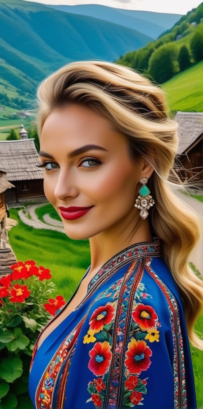 Generate a cinematic GoPro perspective (close up)capturing the enigmatic Russian supermodel as she visits an old Romanian village from the 1920s, nestled in the picturesque Maramureș area ,(vivid flowers and flowering trees next to wooden fences specific to the area), her striking blonde locks, piercing blue eyes, and a chic ponytail, she explores the village adorned in a traditional Romanian blouse, immersing herself in the cultural richness of the region. Against the backdrop of lush green grass, vibrant flowers, and charming old houses, she exudes an air of timeless elegance and grace. The GoPro photograph freezes her in a moment of enchantment, capturing the mesmerizing allure of the supermodel amidst the rustic beauty of the village's landscape. This close-up shot emphasizes her captivating smile and the interplay of natural lights, highlighting her beauty and the historical charm of the setting