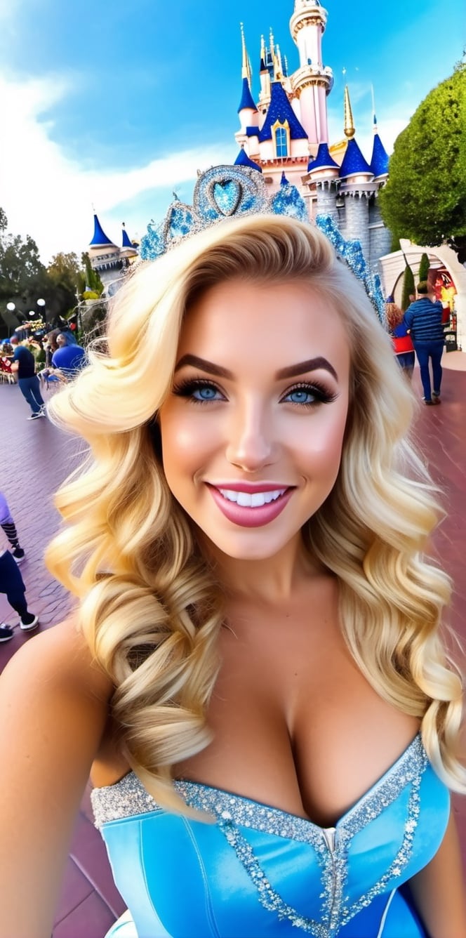 A GoPro  hiperalistic shot captures a rebellious blonde girl with beautiful,Cinderella Costume, curly hair, blue eyes, and an upturned nose posing  at Disneyland's attractions.