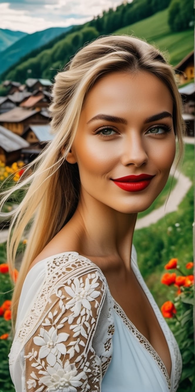 Generate a cinematic GoPro perspective (close up)capturing the enigmatic Russian supermodel as she visits an old Romanian village from the 1920s, nestled in the picturesque Maramureș area ,(vivid flowers and flowering trees next to wooden fences specific to the area), her striking blonde locks, piercing blue eyes, and a chic ponytail, she explores the village adorned in a traditional Romanian blouse, immersing herself in the cultural richness of the region. Against the backdrop of lush green grass, vibrant flowers, and charming old houses, she exudes an air of timeless elegance and grace. The GoPro photograph freezes her in a moment of enchantment, capturing the mesmerizing allure of the supermodel amidst the rustic beauty of the village's landscape. This close-up shot emphasizes her captivating smile and the interplay of natural lights, highlighting her beauty and the historical charm of the setting