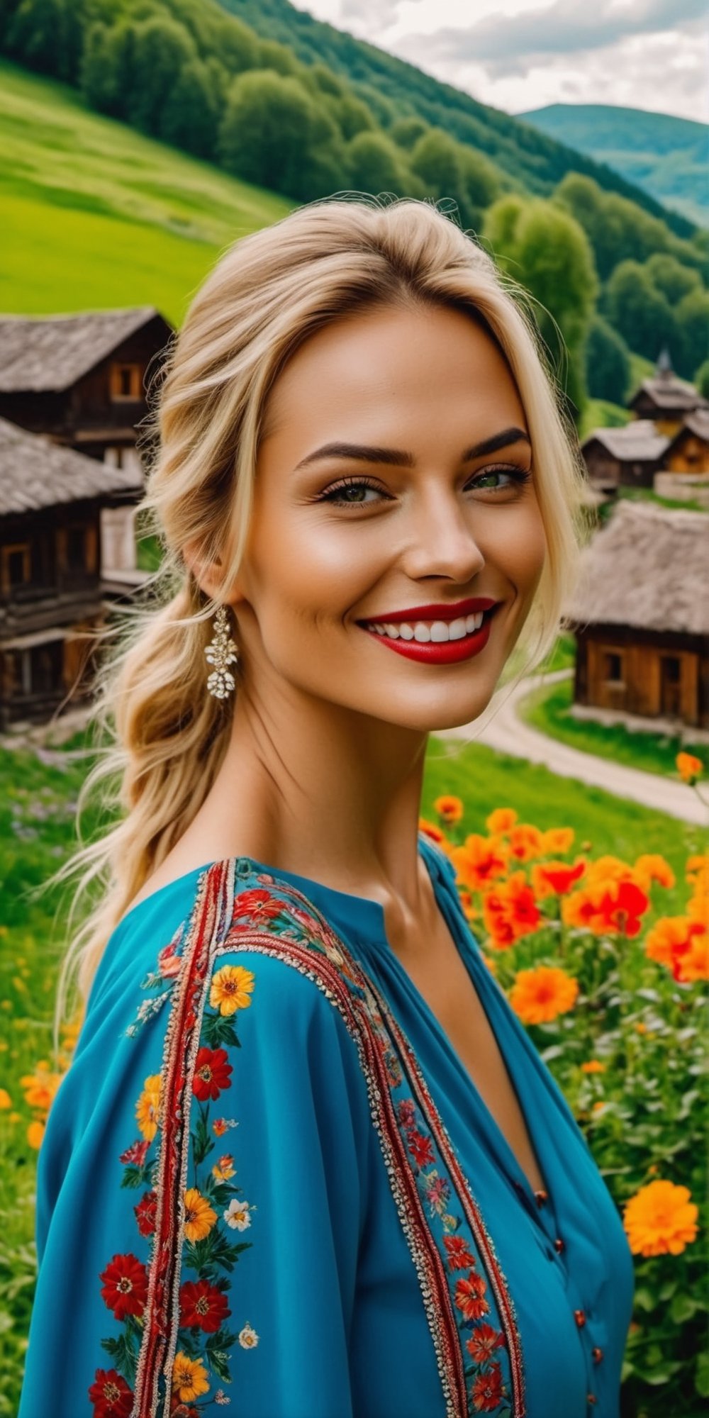 Generate a cinematic GoPro perspective (close up)capturing the enigmatic Russian supermodel as she visits an old Romanian village from the 1920s, nestled in the picturesque Maramureș area ,(vivid flowers and flowering trees next to wooden fences specific to the area), her striking blonde locks, piercing blue eyes, and a chic ponytail, she explores the village adorned in a traditional Romanian blouse, immersing herself in the cultural richness of the region. Against the backdrop of lush green grass, vibrant flowers, and charming old houses, she exudes an air of timeless elegance and grace. The GoPro photograph freezes her in a moment of enchantment, capturing the mesmerizing allure of the supermodel amidst the rustic beauty of the village's landscape. This close-up shot emphasizes her captivating smile and the interplay of natural lights, highlighting her beauty and the historical charm of the setting