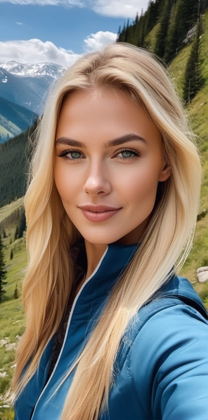 From a cinematic GoPro perspective, immerse yourself in the enigmatic close-up (2:3) of a Russian supermodel with striking blonde locks, piercing blue eyes, and a chic ponytail. She gracefully explores the Carpathian Mountains in Romania, dressed in a snug outdoor outfit that accentuates her figure. With a joyful smile, she revels in the wonderful nature that surrounds her.

In this photorealistic 8K image, every detail is brought to life with stunning clarity. The rugged beauty of the mountains, the vibrant colors of the landscape, and the subtle play of light and shadow are all captured with breathtaking realism. You can almost feel the crisp mountain air and hear the gentle rustle of leaves as she wanders through the majestic scenery, creating a truly immersive experience