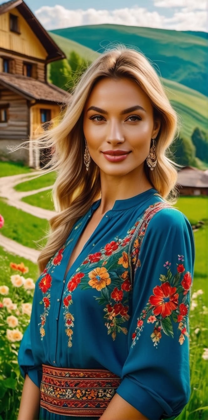 Generate a cinematic GoPro perspective (close up)capturing the enigmatic Russian supermodel as she visits an old Romanian village from the 1920s, nestled in the picturesque Maramureș area ,(vivid flowers and flowering trees next to wooden fences specific to the area), her striking blonde locks, piercing blue eyes, and a chic ponytail, she explores the village adorned in a traditional Romanian blouse, immersing herself in the cultural richness of the region. Against the backdrop of lush green grass, vibrant flowers, and charming old houses, she exudes an air of timeless elegance and grace. The GoPro photograph freezes her in a moment of enchantment, capturing the mesmerizing allure of the supermodel amidst the rustic beauty of the village's landscape. This close-up shot emphasizes her captivating smile and the interplay of natural lights, highlighting her beauty and the historical charm of the setting