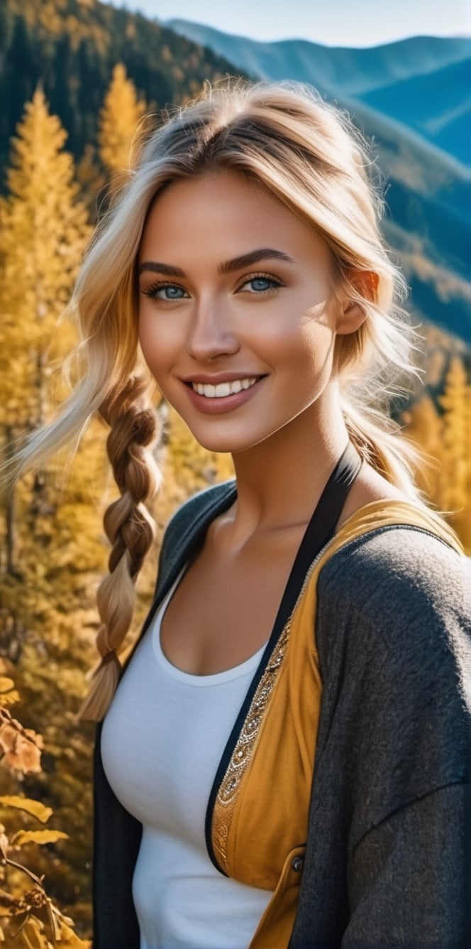 Generate a cinematic GoPro perspective, immerse yourself in the enigmatic close-up (2:3) of a Russian supermodel with striking blonde locks, piercing blue eyes, and a chic ponytail. She gracefully explores the Carpathian Mountains in Romania, dressed in a snug outdoor outfit that accentuates her figure. With a joyful smile, she revels in the wonderful nature that surrounds her.

In this photorealistic 8K image, every detail is brought to life with stunning clarity. The rugged beauty of the mountains, the vibrant colors of the landscape, and the subtle play of light and shadow are all captured with breathtaking realism. You can almost feel the crisp mountain air and hear the gentle rustle of leaves as she wanders through the majestic scenery, creating a truly immersive experience.