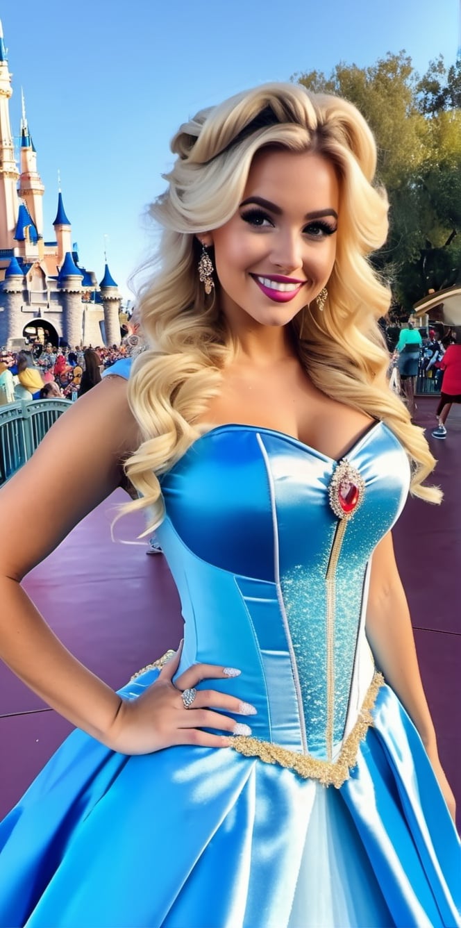 A GoPro  hiperalistic shot captures a rebellious blonde girl with beautiful,Cinderella Costume, curly hair, blue eyes, and an upturned nose posing  at Disneyland's attractions.