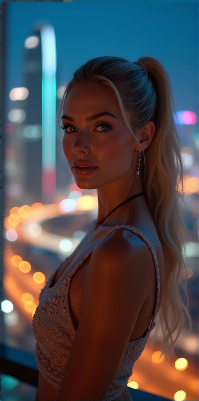 Generate a hyperealistic cinematic image of a supermodel with striking features – blonde hair, blue piercing eyes,warm smile, and a stylish ponytail – posing on her balcony in Dubai, admiring the breathtaking view. Capture the essence of elegance and sophistication against the backdrop of Dubai's skyline. Utilize cinematic shot types like a long shot to emphasize the surroundings, and incorporate close-ups to showcase the model's beauty in detail. Choose lenses such as 35mm and 85mm for a balanced perspective. Leverage high-resolution keywords like 8K for clarity and detail. Consider a photorealistic render to bring out the realism in the scene, ensuring the supermodel becomes a seamless part of the picturesque Dubai landscape, at night time, neon lights.




