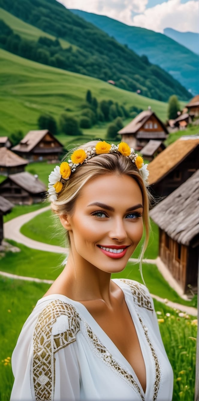 Generate a cinematic GoPro perspective (close up)capturing the enigmatic Russian supermodel as she visits an old Romanian village from the 1920s, nestled in the picturesque Maramureș area ,(vivid flowers and flowering trees next to wooden fences specific to the area), her striking blonde locks, piercing blue eyes, and a chic ponytail, she explores the village adorned in a traditional Romanian blouse, immersing herself in the cultural richness of the region. Against the backdrop of lush green grass, vibrant flowers, and charming old houses, she exudes an air of timeless elegance and grace. The GoPro photograph freezes her in a moment of enchantment, capturing the mesmerizing allure of the supermodel amidst the rustic beauty of the village's landscape. This close-up shot emphasizes her captivating smile and the interplay of natural lights, highlighting her beauty and the historical charm of the setting