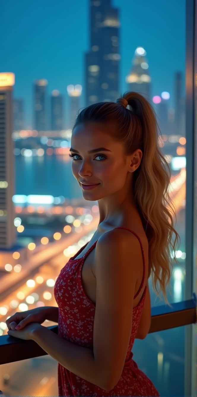 Generate a hyperealistic cinematic image of a supermodel with striking features – blonde hair, blue piercing eyes,warm smile, and a stylish ponytail – posing on her balcony in Dubai, admiring the breathtaking view. Capture the essence of elegance and sophistication against the backdrop of Dubai's skyline. Utilize cinematic shot types like a long shot to emphasize the surroundings, and incorporate close-ups to showcase the model's beauty in detail. Choose lenses such as 35mm and 85mm for a balanced perspective. Leverage high-resolution keywords like 8K for clarity and detail. Consider a photorealistic render to bring out the realism in the scene, ensuring the supermodel becomes a seamless part of the picturesque Dubai landscape, at night time, neon lights.




