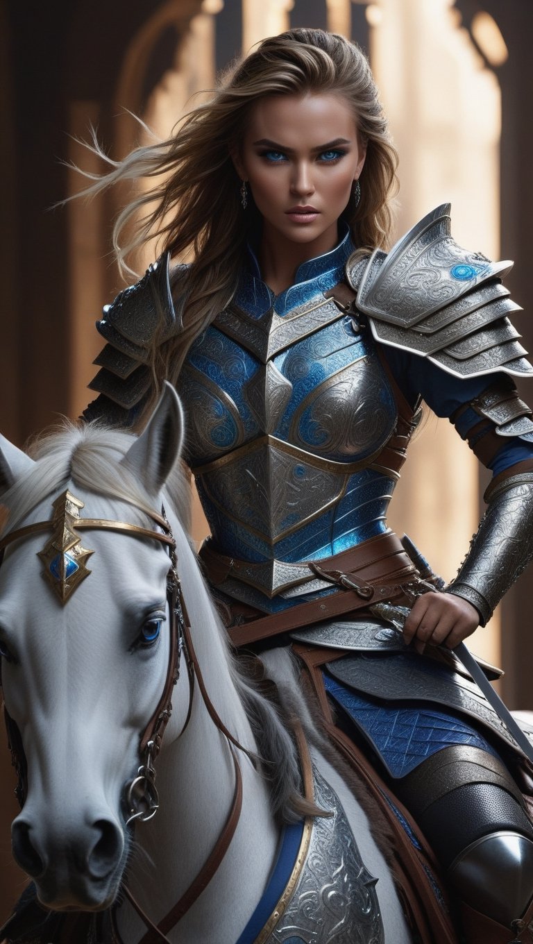 A fierce supermodel, adorned in intricate armor, rides atop a majestic horse with a gleaming sword in hand. Her piercing blue eyes and bold face paint add to her commanding presence. Rendered in stunning 8K UHD, this studio photograph captures every detail of her powerful stance.