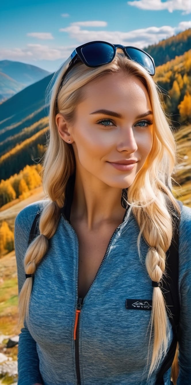 From a cinematic GoPro perspective, immerse yourself in the enigmatic close-up (2:3) of a Russian supermodel with striking blonde locks, piercing blue eyes, and a chic ponytail. She gracefully explores the Carpathian Mountains in Romania, dressed in a snug outdoor outfit that accentuates her figure. With a joyful smile, she revels in the wonderful nature that surrounds her.

In this photorealistic 8K image, every detail is brought to life with stunning clarity. The rugged beauty of the mountains, the vibrant colors of the landscape, and the subtle play of light and shadow are all captured with breathtaking realism. You can almost feel the crisp mountain air and hear the gentle rustle of leaves as she wanders through the majestic scenery, creating a truly immersive experience