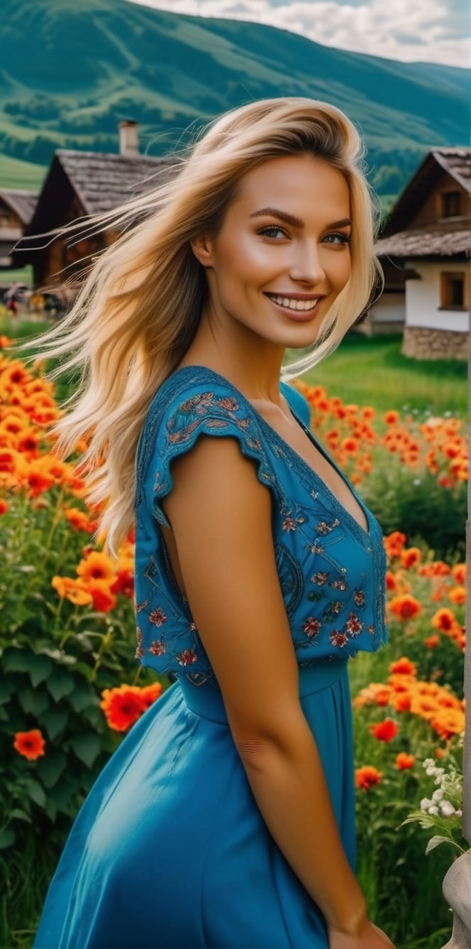 Generate a cinematic GoPro perspective (close up)capturing the enigmatic Russian supermodel as she visits an old Romanian village from the 1920s, nestled in the picturesque Maramureș area ,(vivid flowers and flowering trees next to wooden fences specific to the area), her striking blonde locks, piercing blue eyes, and a chic ponytail, she explores the village adorned in a traditional Romanian blouse, immersing herself in the cultural richness of the region. Against the backdrop of lush green grass, vibrant flowers, and charming old houses, she exudes an air of timeless elegance and grace. The GoPro photograph freezes her in a moment of enchantment, capturing the mesmerizing allure of the supermodel amidst the rustic beauty of the village's landscape. This close-up shot emphasizes her captivating smile and the interplay of natural lights, highlighting her beauty and the historical charm of the setting