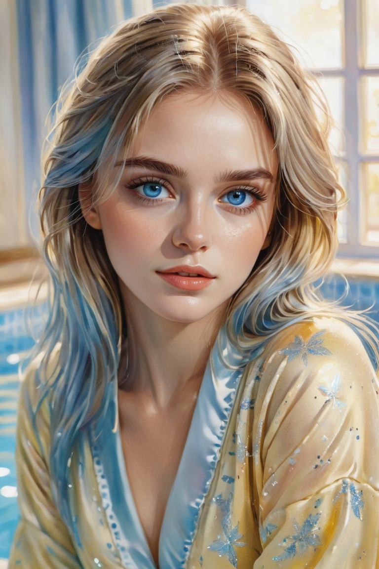 Beautiful Portrait of cute girl in Angela Radovic style illustration , very beautiful iridescent light brown glitter hair, dressed in a beautiful elegant light yellow delicate pajama , piscine blue eyes , in the romantic evening, National Geographic photography, sharp focus on face, A charming, romantic living room . Watercolor and metallic touches

