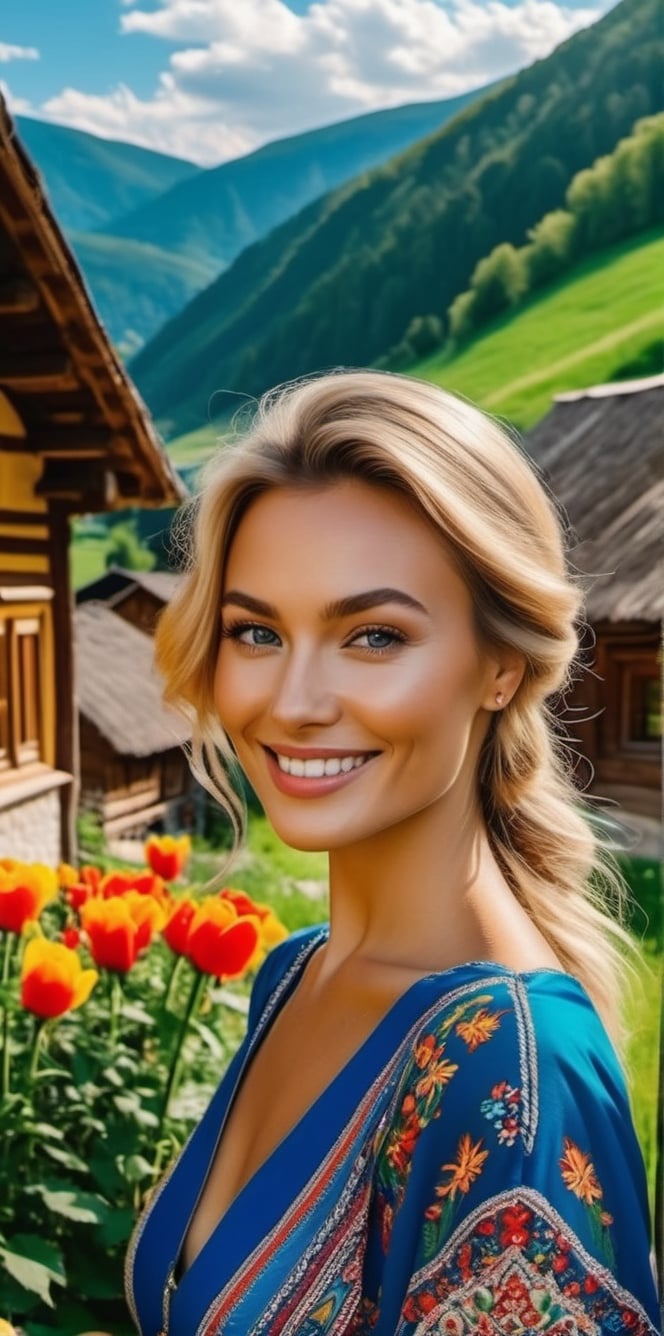 Generate a cinematic GoPro perspective (close up)capturing the enigmatic Russian supermodel as she visits an old Romanian village from the 1920s, nestled in the picturesque Maramureș area ,(vivid flowers and flowering trees next to wooden fences specific to the area), her striking blonde locks, piercing blue eyes, and a chic ponytail, she explores the village adorned in a traditional Romanian blouse, immersing herself in the cultural richness of the region. Against the backdrop of lush green grass, vibrant flowers, and charming old houses, she exudes an air of timeless elegance and grace. The GoPro photograph freezes her in a moment of enchantment, capturing the mesmerizing allure of the supermodel amidst the rustic beauty of the village's landscape. This close-up shot emphasizes her captivating smile and the interplay of natural lights, highlighting her beauty and the historical charm of the setting