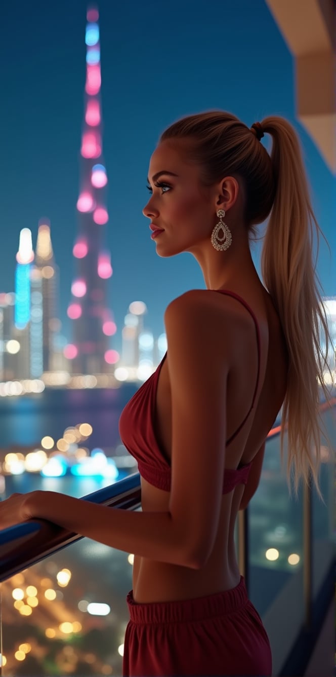 Generate a hyperealistic cinematic image of a supermodel with striking features – blonde hair, blue piercing eyes,warm smile, and a stylish ponytail – posing on her balcony in Dubai, admiring the breathtaking view. Capture the essence of elegance and sophistication against the backdrop of Dubai's skyline. Utilize cinematic shot types like a long shot to emphasize the surroundings, and incorporate close-ups to showcase the model's beauty in detail. Choose lenses such as 35mm and 85mm for a balanced perspective. Leverage high-resolution keywords like 8K for clarity and detail. Consider a photorealistic render to bring out the realism in the scene, ensuring the supermodel becomes a seamless part of the picturesque Dubai landscape, at night time, neon lights.




