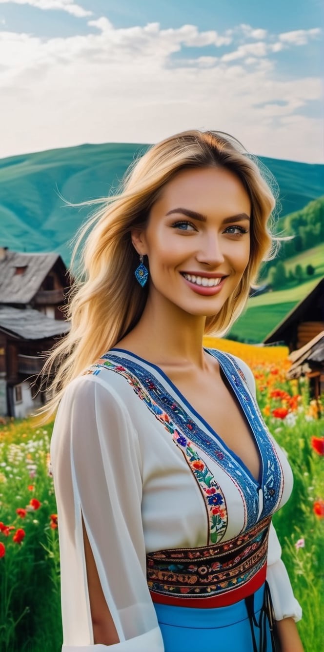 Generate a cinematic GoPro perspective (close up)capturing the enigmatic Russian supermodel as she visits an old Romanian village from the 1920s, nestled in the picturesque Maramureș area ,(vivid flowers and flowering trees next to wooden fences specific to the area), her striking blonde locks, piercing blue eyes, and a chic ponytail, she explores the village adorned in a traditional Romanian blouse, immersing herself in the cultural richness of the region. Against the backdrop of lush green grass, vibrant flowers, and charming old houses, she exudes an air of timeless elegance and grace. The GoPro photograph freezes her in a moment of enchantment, capturing the mesmerizing allure of the supermodel amidst the rustic beauty of the village's landscape. This close-up shot emphasizes her captivating smile and the interplay of natural lights, highlighting her beauty and the historical charm of the setting