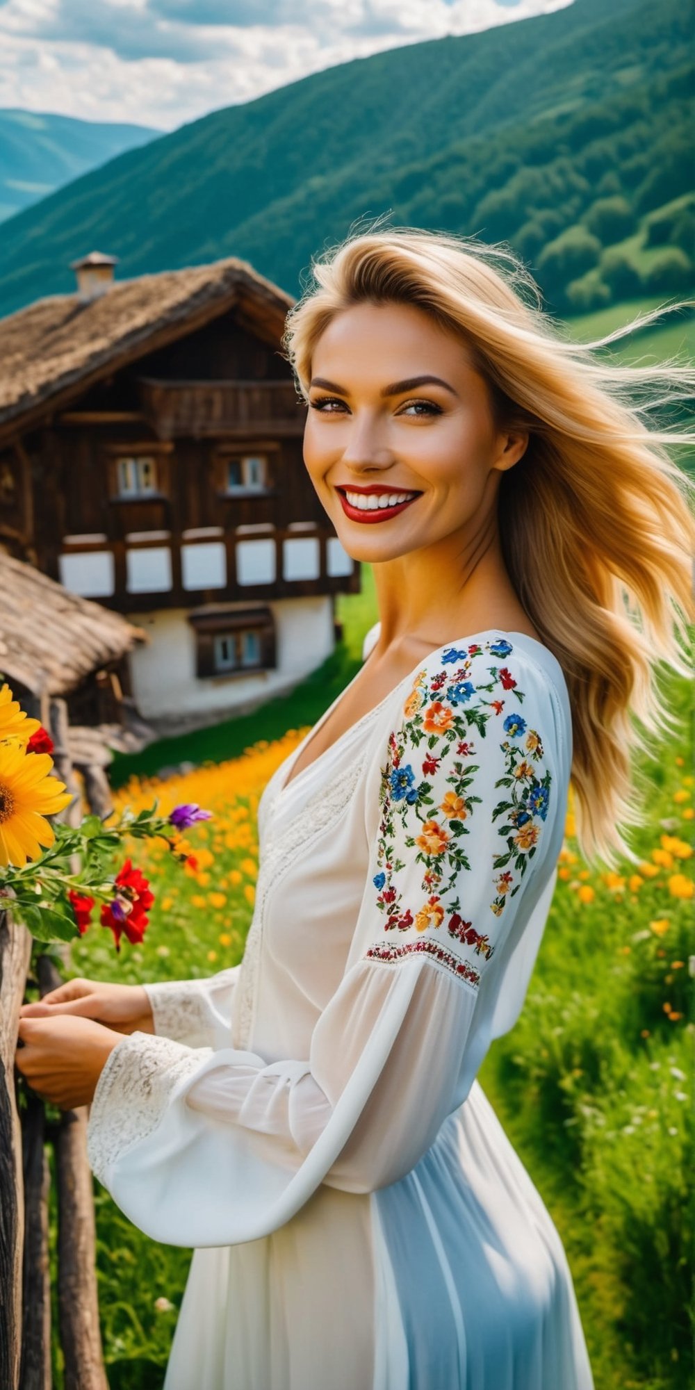 Generate a cinematic GoPro perspective (close up)capturing the enigmatic Russian supermodel as she visits an old Romanian village from the 1920s, nestled in the picturesque Maramureș area ,(vivid flowers and flowering trees next to wooden fences specific to the area), her striking blonde locks, piercing blue eyes, and a chic ponytail, she explores the village adorned in a traditional Romanian blouse, immersing herself in the cultural richness of the region. Against the backdrop of lush green grass, vibrant flowers, and charming old houses, she exudes an air of timeless elegance and grace. The GoPro photograph freezes her in a moment of enchantment, capturing the mesmerizing allure of the supermodel amidst the rustic beauty of the village's landscape. This close-up shot emphasizes her captivating smile and the interplay of natural lights, highlighting her beauty and the historical charm of the setting