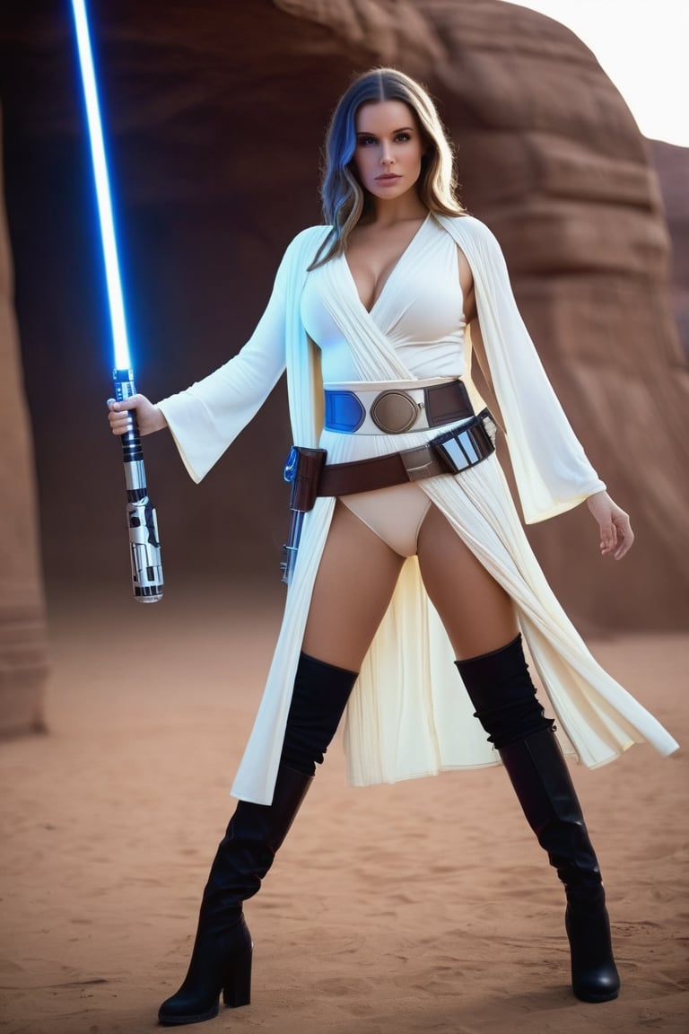 cinematic film still (Raw Photo:1.3) of (Ultrarealistic:1.3) 1girl, supermodel posing in Star Wars Film Set,wearing  1Lightsaber blue neon, Jedi robes long  flowing bej,Tunic and Pants white,belt(holding various tools and pouches),Boots( knee-high boots in black,big breasts, lips, long_hair, looking_at_viewer, midriff, navel, photorealistic, realistic, New yourk, solo, Highly Detailed . shallow depth of field, vignette, highly detailed, high budget, bokeh, cinemascope, moody, epic, gorgeous, film grain, grainy,photo r3al