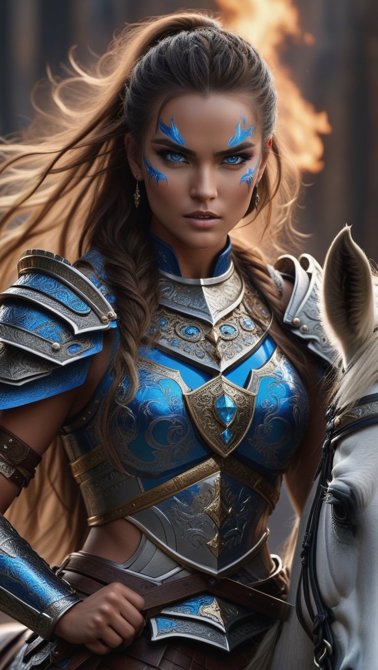 A fierce supermodel, adorned in intricate armor, rides atop a majestic horse with a gleaming sword in hand. Her piercing blue eyes and bold face paint add to her commanding presence. Rendered in stunning 8K UHD, this studio photograph captures every detail of her powerful stance.