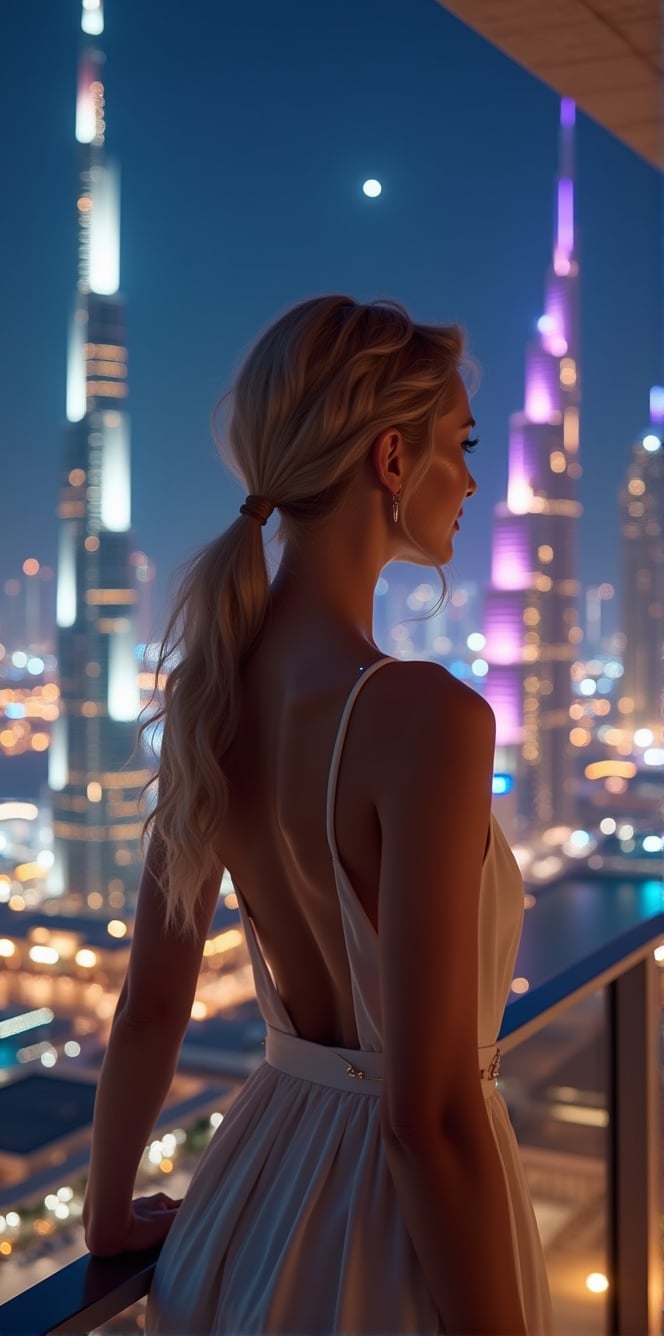 Generate a hyperealistic cinematic image of a supermodel with striking features – blonde hair, blue piercing eyes,warm smile, and a stylish ponytail – posing on her balcony in Dubai, admiring the breathtaking view. Capture the essence of elegance and sophistication against the backdrop of Dubai's skyline. Utilize cinematic shot types like a long shot to emphasize the surroundings, and incorporate close-ups to showcase the model's beauty in detail. Choose lenses such as 35mm and 85mm for a balanced perspective. Leverage high-resolution keywords like 8K for clarity and detail. Consider a photorealistic render to bring out the realism in the scene, ensuring the supermodel becomes a seamless part of the picturesque Dubai landscape, at night time, neon lights.




