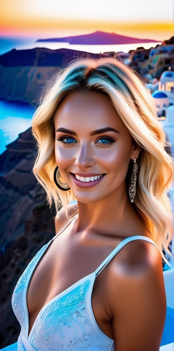 Generate a hyper-realistic GoPro (close-up 2:3) of an enigmatic Russian supermodel with piercing blue eyes, chic blonde hair, and a captivating smile, standing on the idyllic island of Santorini, Greece, during night (neon lights), background features the iconic white and blue buildings, creating a romantic and breathtaking ambiance. The shot focuses on her radiant smile and piercing blue eyes, with the GoPro capturing the warmth of the golden hour light as it highlights her chic blonde hair. The stunning backdrop of Santorini's architecture blends harmoniously with the serene sea and sky, creating an unforgettable scene.