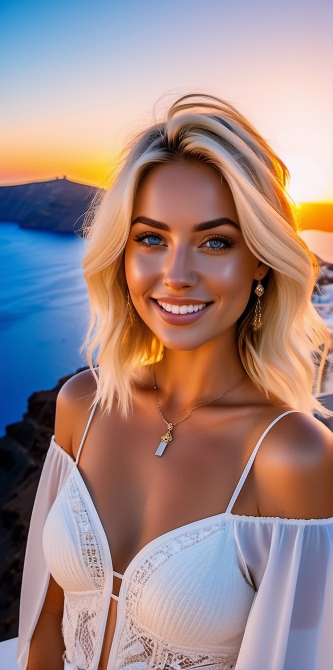 Generate a hyper-realistic GoPro (close-up 2:3) of an enigmatic Russian supermodel with piercing blue eyes, chic blonde hair, and a captivating smile, standing on the idyllic island of Santorini, Greece, during night (neon lights), background features the iconic white and blue buildings, creating a romantic and breathtaking ambiance. The shot focuses on her radiant smile and piercing blue eyes, with the GoPro capturing the warmth of the golden hour light as it highlights her chic blonde hair. The stunning backdrop of Santorini's architecture blends harmoniously with the serene sea and sky, creating an unforgettable scene.