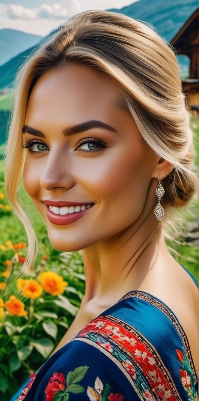 Generate a cinematic GoPro perspective (close up)capturing the enigmatic Russian supermodel as she visits an old Romanian village from the 1920s, nestled in the picturesque Maramureș area ,(vivid flowers and flowering trees next to wooden fences specific to the area), her striking blonde locks, piercing blue eyes, and a chic ponytail, she explores the village adorned in a traditional Romanian blouse, immersing herself in the cultural richness of the region. Against the backdrop of lush green grass, vibrant flowers, and charming old houses, she exudes an air of timeless elegance and grace. The GoPro photograph freezes her in a moment of enchantment, capturing the mesmerizing allure of the supermodel amidst the rustic beauty of the village's landscape. This close-up shot emphasizes her captivating smile and the interplay of natural lights, highlighting her beauty and the historical charm of the setting