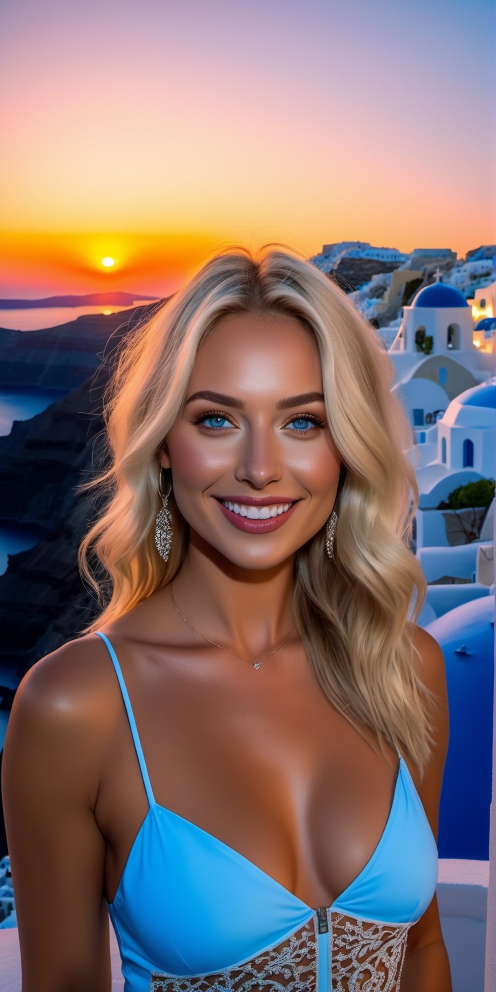 Generate a hyper-realistic GoPro (close-up 2:3) of an enigmatic Russian supermodel with piercing blue eyes, chic blonde hair, and a captivating smile, standing on the idyllic island of Santorini, Greece, during night (neon lights), background features the iconic white and blue buildings, creating a romantic and breathtaking ambiance. The shot focuses on her radiant smile and piercing blue eyes, with the GoPro capturing the warmth of the golden hour light as it highlights her chic blonde hair. The stunning backdrop of Santorini's architecture blends harmoniously with the serene sea and sky, creating an unforgettable scene.