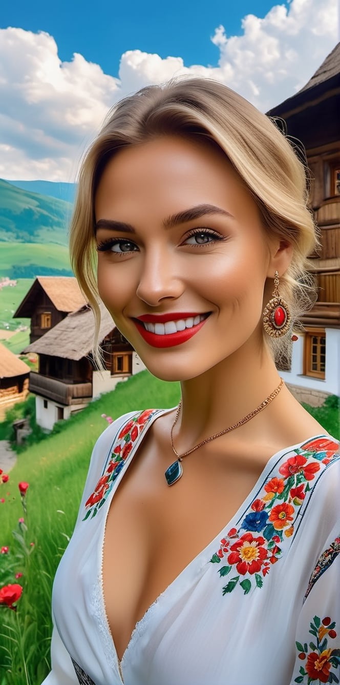 Generate a cinematic GoPro perspective (close up)capturing the enigmatic Russian supermodel as she visits an old Romanian village from the 1920s, nestled in the picturesque Maramureș area ,(vivid flowers and flowering trees next to wooden fences specific to the area), her striking blonde locks, piercing blue eyes, and a chic ponytail, she explores the village adorned in a traditional Romanian blouse, immersing herself in the cultural richness of the region. Against the backdrop of lush green grass, vibrant flowers, and charming old houses, she exudes an air of timeless elegance and grace. The GoPro photograph freezes her in a moment of enchantment, capturing the mesmerizing allure of the supermodel amidst the rustic beauty of the village's landscape. This close-up shot emphasizes her captivating smile and the interplay of natural lights, highlighting her beauty and the historical charm of the setting