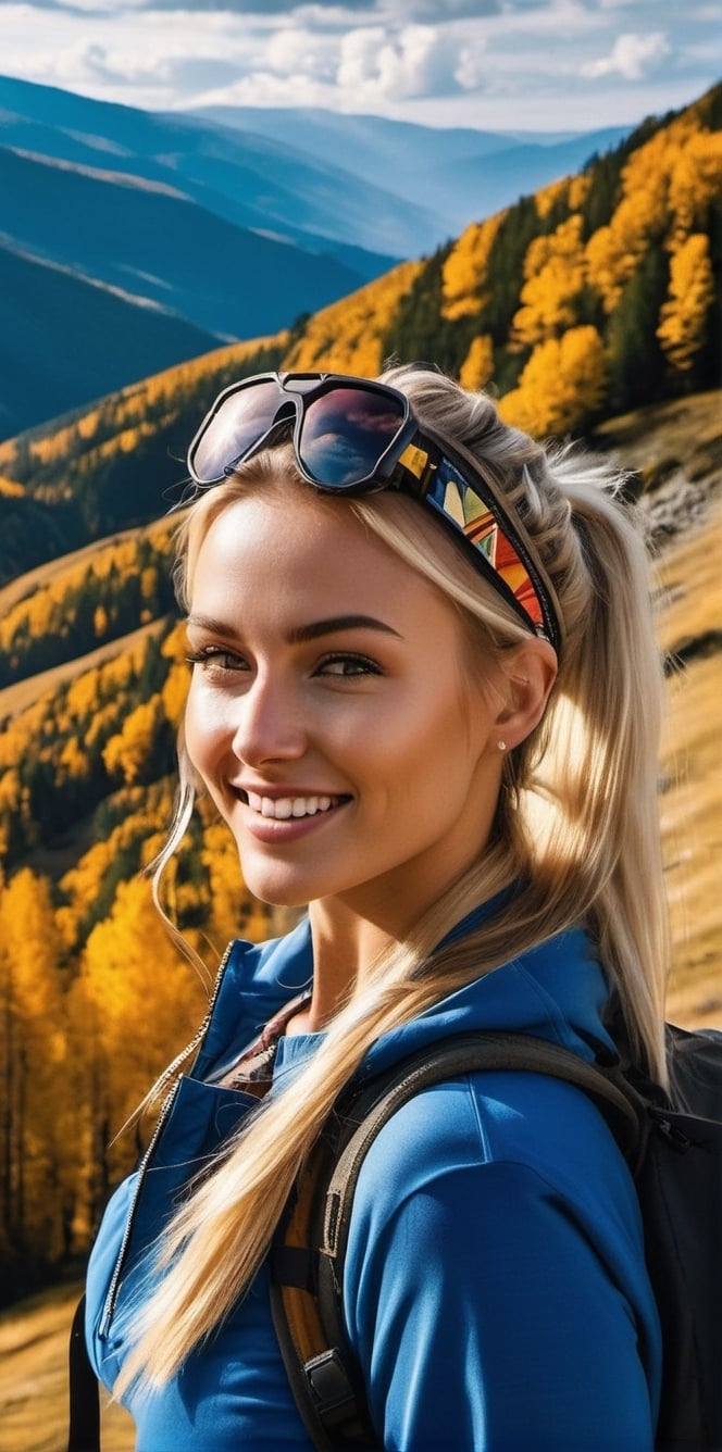 Generate a cinematic GoPro perspective, immerse yourself in the enigmatic close-up (2:3) of a Russian supermodel with striking blonde locks, piercing blue eyes, and a chic ponytail. She gracefully explores the Carpathian Mountains in Romania, dressed in a snug outdoor outfit that accentuates her figure. With a joyful smile, she revels in the wonderful nature that surrounds her.

In this photorealistic 8K image, every detail is brought to life with stunning clarity. The rugged beauty of the mountains, the vibrant colors of the landscape, and the subtle play of light and shadow are all captured with breathtaking realism. You can almost feel the crisp mountain air and hear the gentle rustle of leaves as she wanders through the majestic scenery, creating a truly immersive experience.