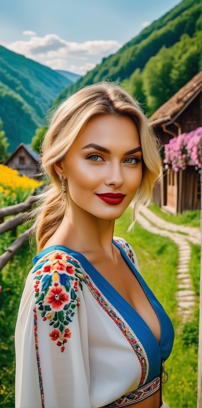 Generate a cinematic GoPro perspective (close up)capturing the enigmatic Russian supermodel as she visits an old Romanian village from the 1920s, nestled in the picturesque Maramureș area ,(vivid flowers and flowering trees next to wooden fences specific to the area), her striking blonde locks, piercing blue eyes, and a chic ponytail, she explores the village adorned in a traditional Romanian blouse, immersing herself in the cultural richness of the region. Against the backdrop of lush green grass, vibrant flowers, and charming old houses, she exudes an air of timeless elegance and grace. The GoPro photograph freezes her in a moment of enchantment, capturing the mesmerizing allure of the supermodel amidst the rustic beauty of the village's landscape. This close-up shot emphasizes her captivating smile and the interplay of natural lights, highlighting her beauty and the historical charm of the setting