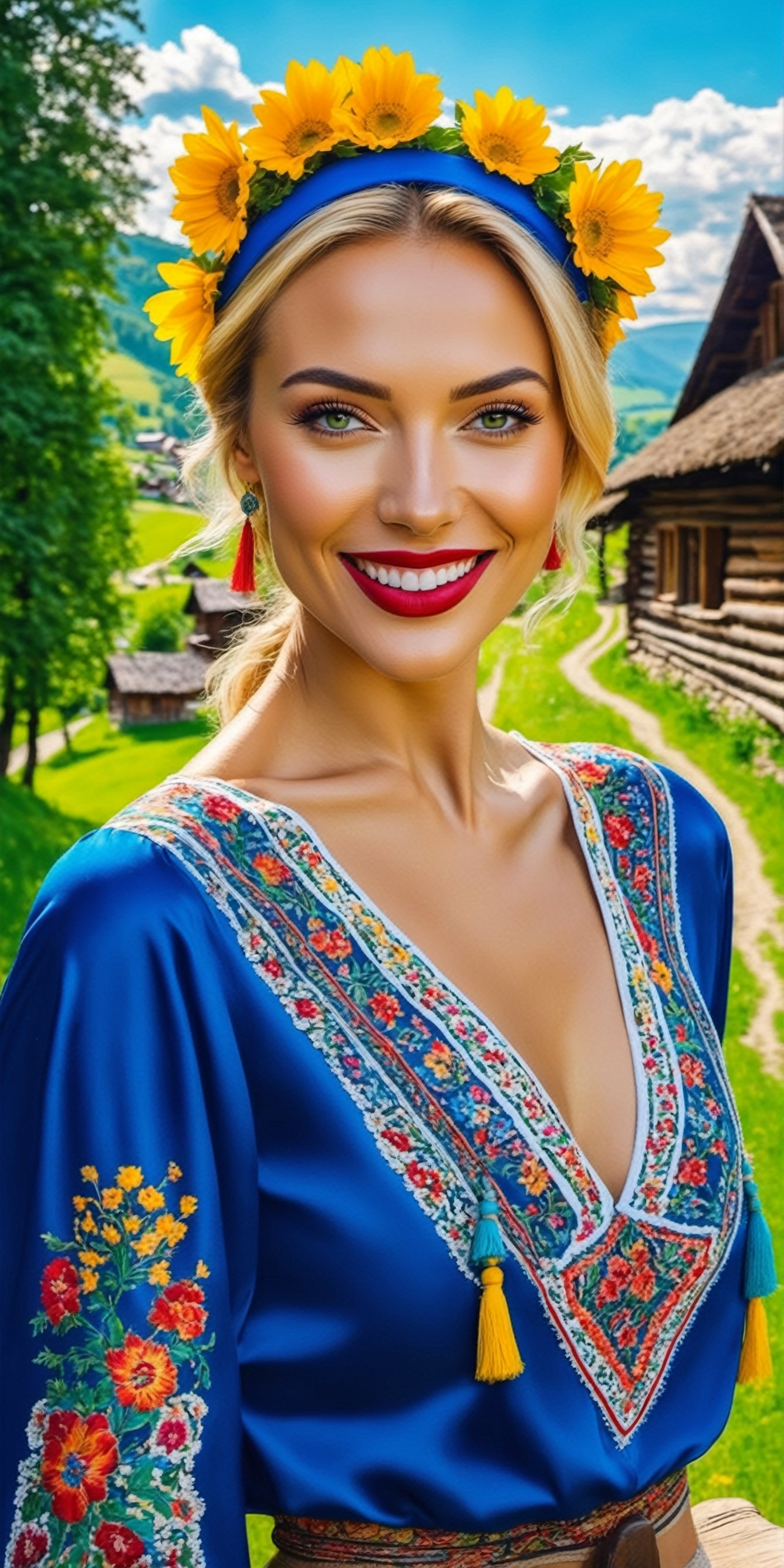 Generate a cinematic GoPro perspective (close up)capturing the enigmatic Russian supermodel as she visits an old Romanian village from the 1920s, nestled in the picturesque Maramureș area ,(vivid flowers and flowering trees next to wooden fences specific to the area), her striking blonde locks, piercing blue eyes, and a chic ponytail, she explores the village adorned in a traditional Romanian blouse, immersing herself in the cultural richness of the region. Against the backdrop of lush green grass, vibrant flowers, and charming old houses, she exudes an air of timeless elegance and grace. The GoPro photograph freezes her in a moment of enchantment, capturing the mesmerizing allure of the supermodel amidst the rustic beauty of the village's landscape. This close-up shot emphasizes her captivating smile and the interplay of natural lights, highlighting her beauty and the historical charm of the setting