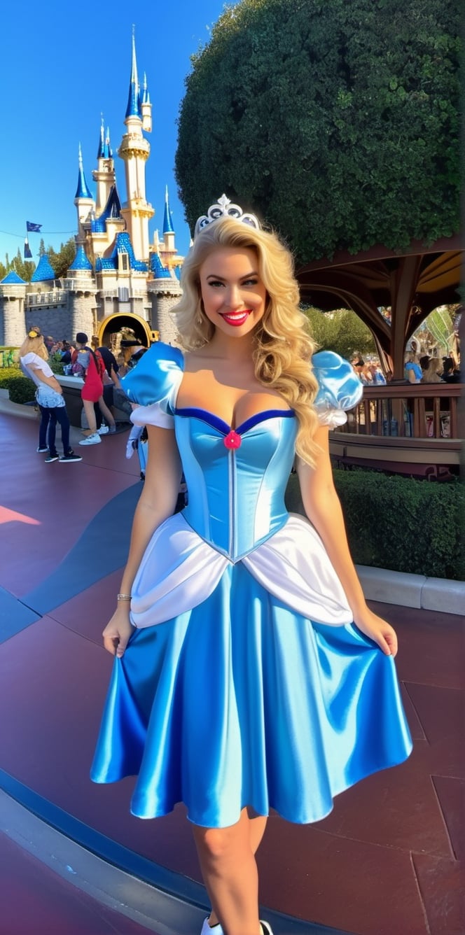 A photorealistic GoPro perspective captures the rebellious blonde beautiful,cinderella costume, curly hair, blue eyes,rebellious attitude, thin lips, thin and upturned nose, rebellious girl,posing at at Disneyland's attractions.