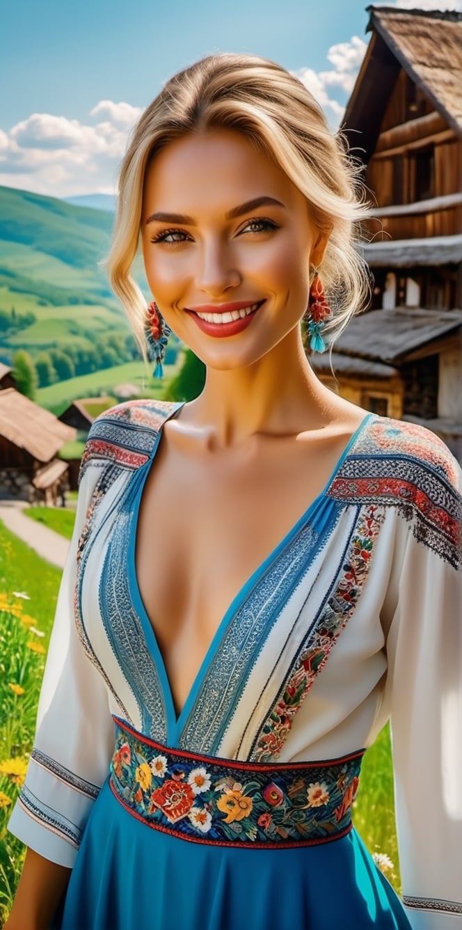 Generate a cinematic GoPro perspective (close up)capturing the enigmatic Russian supermodel as she visits an old Romanian village from the 1920s, nestled in the picturesque Maramureș area ,(vivid flowers and flowering trees next to wooden fences specific to the area), her striking blonde locks, piercing blue eyes, and a chic ponytail, she explores the village adorned in a traditional Romanian blouse, immersing herself in the cultural richness of the region. Against the backdrop of lush green grass, vibrant flowers, and charming old houses, she exudes an air of timeless elegance and grace. The GoPro photograph freezes her in a moment of enchantment, capturing the mesmerizing allure of the supermodel amidst the rustic beauty of the village's landscape. This close-up shot emphasizes her captivating smile and the interplay of natural lights, highlighting her beauty and the historical charm of the setting