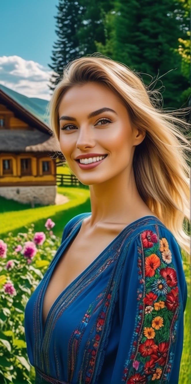 Generate a cinematic GoPro perspective (close up)capturing the enigmatic Russian supermodel as she visits an old Romanian village from the 1920s, nestled in the picturesque Maramureș area ,(vivid flowers and flowering trees next to wooden fences specific to the area), her striking blonde locks, piercing blue eyes, and a chic ponytail, she explores the village adorned in a traditional Romanian blouse, immersing herself in the cultural richness of the region. Against the backdrop of lush green grass, vibrant flowers, and charming old houses, she exudes an air of timeless elegance and grace. The GoPro photograph freezes her in a moment of enchantment, capturing the mesmerizing allure of the supermodel amidst the rustic beauty of the village's landscape. This close-up shot emphasizes her captivating smile and the interplay of natural lights, highlighting her beauty and the historical charm of the setting