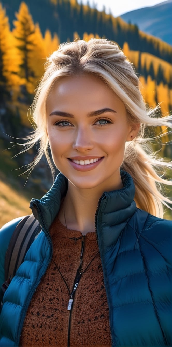 Generate a cinematic GoPro perspective, immerse yourself in the enigmatic close-up (2:3) of a Russian supermodel with striking blonde locks, piercing blue eyes, and a chic ponytail. She gracefully explores the Carpathian Mountains in Romania, dressed in a snug outdoor outfit that accentuates her figure. With a joyful smile, she revels in the wonderful nature that surrounds her.

In this photorealistic 8K image, every detail is brought to life with stunning clarity. The rugged beauty of the mountains, the vibrant colors of the landscape, and the subtle play of light and shadow are all captured with breathtaking realism. You can almost feel the crisp mountain air and hear the gentle rustle of leaves as she wanders through the majestic scenery, creating a truly immersive experience.