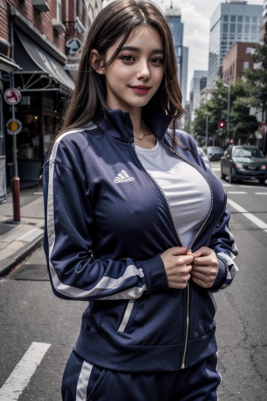 track jacket , huge_breasts , looking_at_viewer , smile