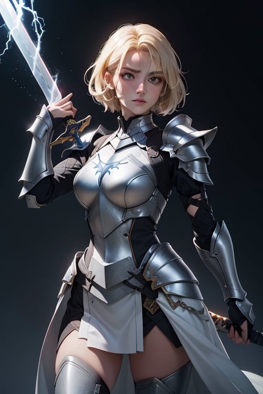 tear halibel(armor), short blonde hair, (hailoknight, Solo, 1girl, holding giant white energy sword infront of her, holding sword:1.3), (simple glowing background:1.25), masterpiece, best quality, wide-angle, Hyperdetailed, masterpiece, best quality, 8k, natural lighting, soft lighting, sunlight, HDR (High Dynamic Range), Maximum Clarity And Sharpness, Multi-Layered Textures