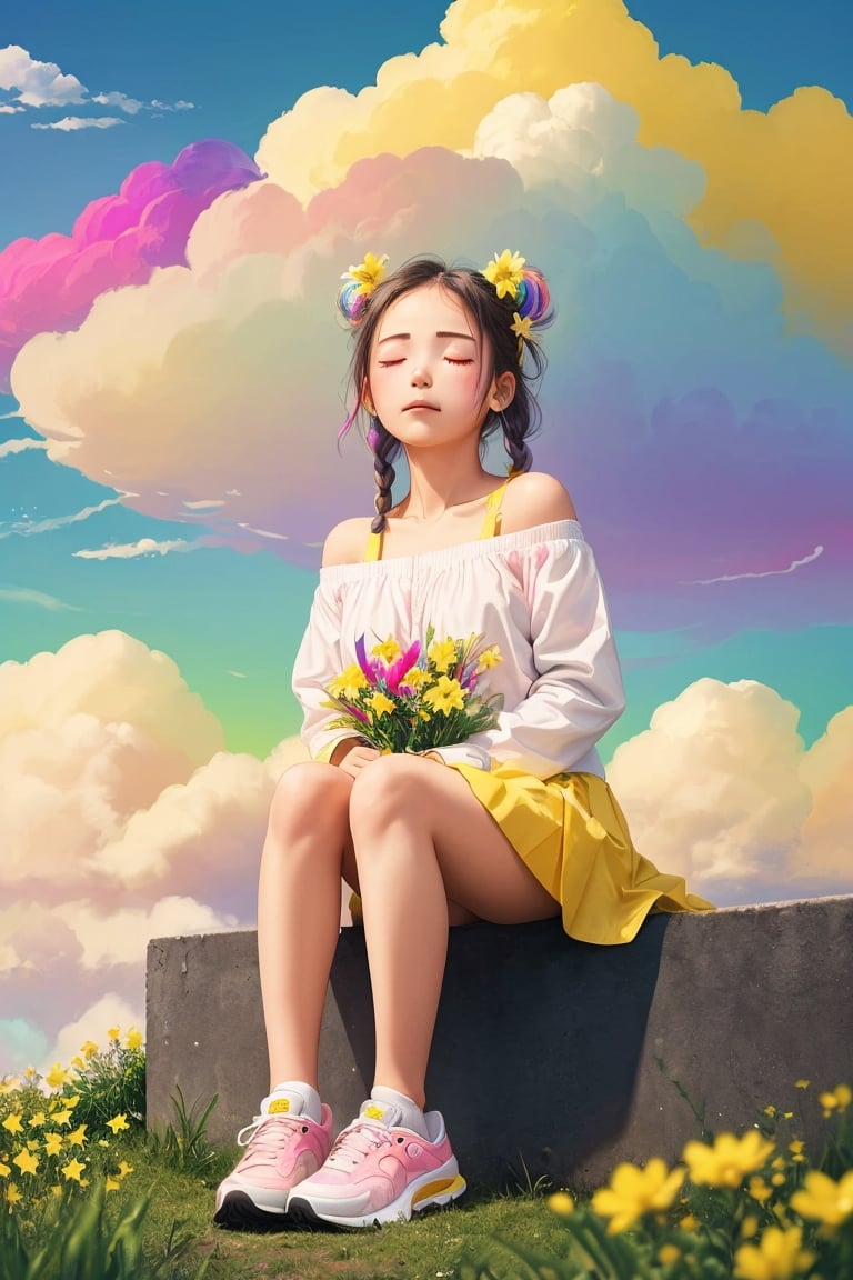 (1 girl:1.5) Kindergarten,double bun,gray gradient hair,air bangs,double braids,(empty eyes:1.7),latex,jitome,border,Altostratus,(Sky:1.2),(Colorful Cloud:1.8) Landscape,Outdoor,Solo,Long Hair,Trees,Flowers,Skirt,Sitting,Shoes,(Grass: 2) (Dew:1.1),Buildings,spectators,signs,long sleeves,power poles,Landscape,sports shoes,open clothes,purple flowers,collarbone,off shoulder,Red flowers,roads,white shoes,wires,(Yellow flowers, pink flowers, white flowers:1.5),