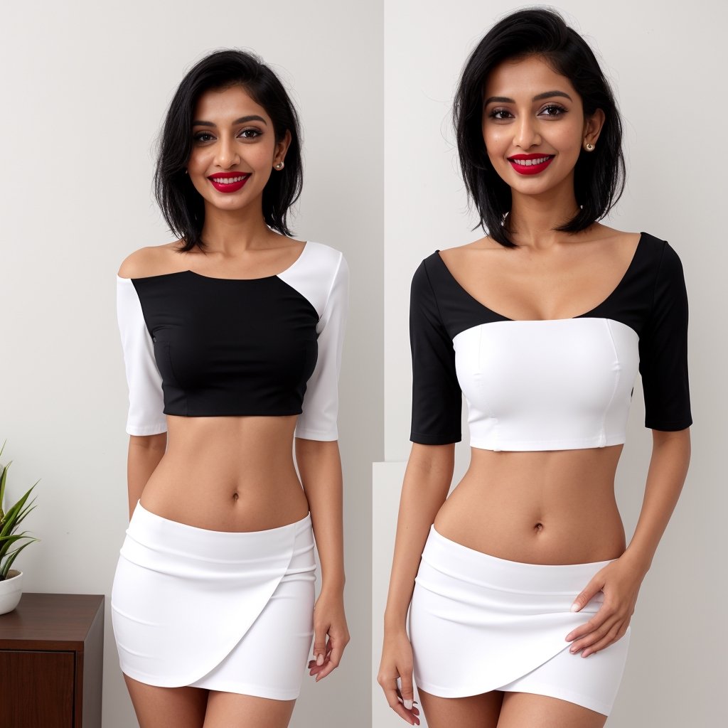 A fair skinned tall and cheeky petite indian office girl, slick hair, glossy lipstick, detailed lips and eye, wide collarbones, chest bones and jhumka, fully wet in thin deep and wide neck black crop unbottoned half sleeve shirt and deep navel mini skirt, front view, smile, deep Midriff stretching, Hipfold and round beautiful long stretched navel, bold sexy expressions, long legs, thigh and heels shoes. Standing and leaning back, Collarbone, shoulderbones, midriff and deep hip navel show. Photographed full body