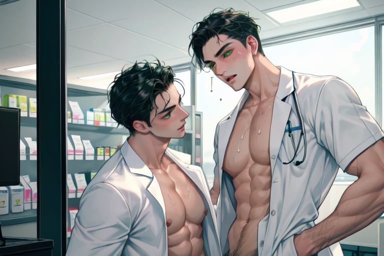 two sexy men horny doctors in the hospital 20 years old, black hair, short and slightly wavy. Green eyes. Pale Skin, Thin and athletic build, with very marked muscles, large penis, with precum and large testicles, large nipples scene: two sweaty doctors and hard and hot anal penetration in a medicine store, detailed background, high resolution