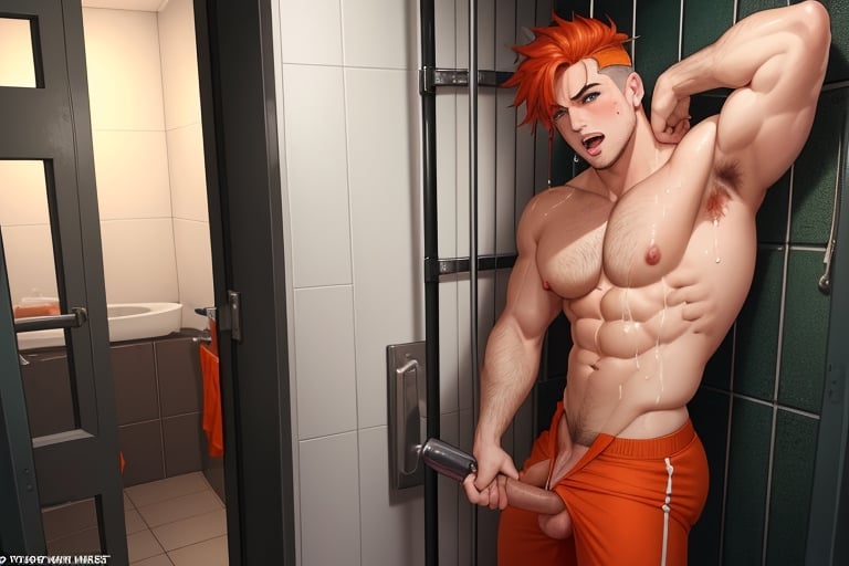 sexy prisoners with orange prisoner uniform in prison excited Gender: male Age: 30 years Height: Medium Hair: dark, short and slightly wavy. Green eyes. Skin: Pale, smooth in appearance and scarred. Build: Thin and athletic, with very marked muscles, big penis, red penis, big testicles, big and sweaty nipples, scene: masturbation, hot semen inflation, ejaculation, excess semen, orgasm face, cum on face, big cumshot, doggystyle, anally fucked in a prison cell, detailed background, high resolution