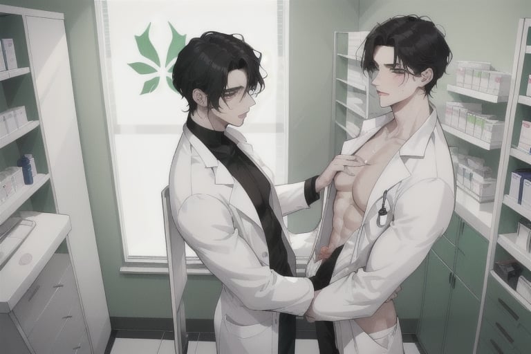 two sexy men horny doctors in the hospital 20 years old, black hair, short and slightly wavy. Green eyes. Pale Skin, Thin and athletic build, with very marked muscles, large penis, with precum and large testicles, large nipples scene: two sweaty doctors and hard and hot anal penetration in a medicine store, detailed background, high resolution