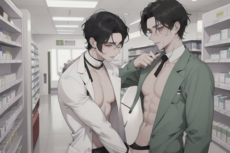 two sexy men horny doctors in the hospital 20 years old, black hair, short and slightly wavy. Green eyes. Pale Skin, Thin and athletic build, with very marked muscles, large penis, with precum and large testicles, large nipples scene: two sweaty doctors and hard and hot anal penetration in a medicine store, detailed background, high resolution