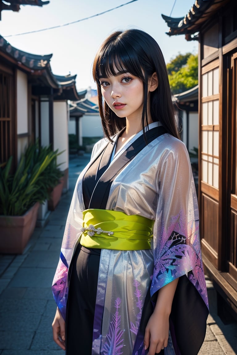  (Fractal Art: 1.3), (colorful colors),1 person, female, 18 years old, mysterious beautiful girl, black long straight hair, blunt bangs, turime, sparkling eyes, kimono made of translucent luminescent material, promenade, clear sky, movie lighting, soft focus, translucent luminous bodies, excessive overexposure, airy photo,asian girl, 