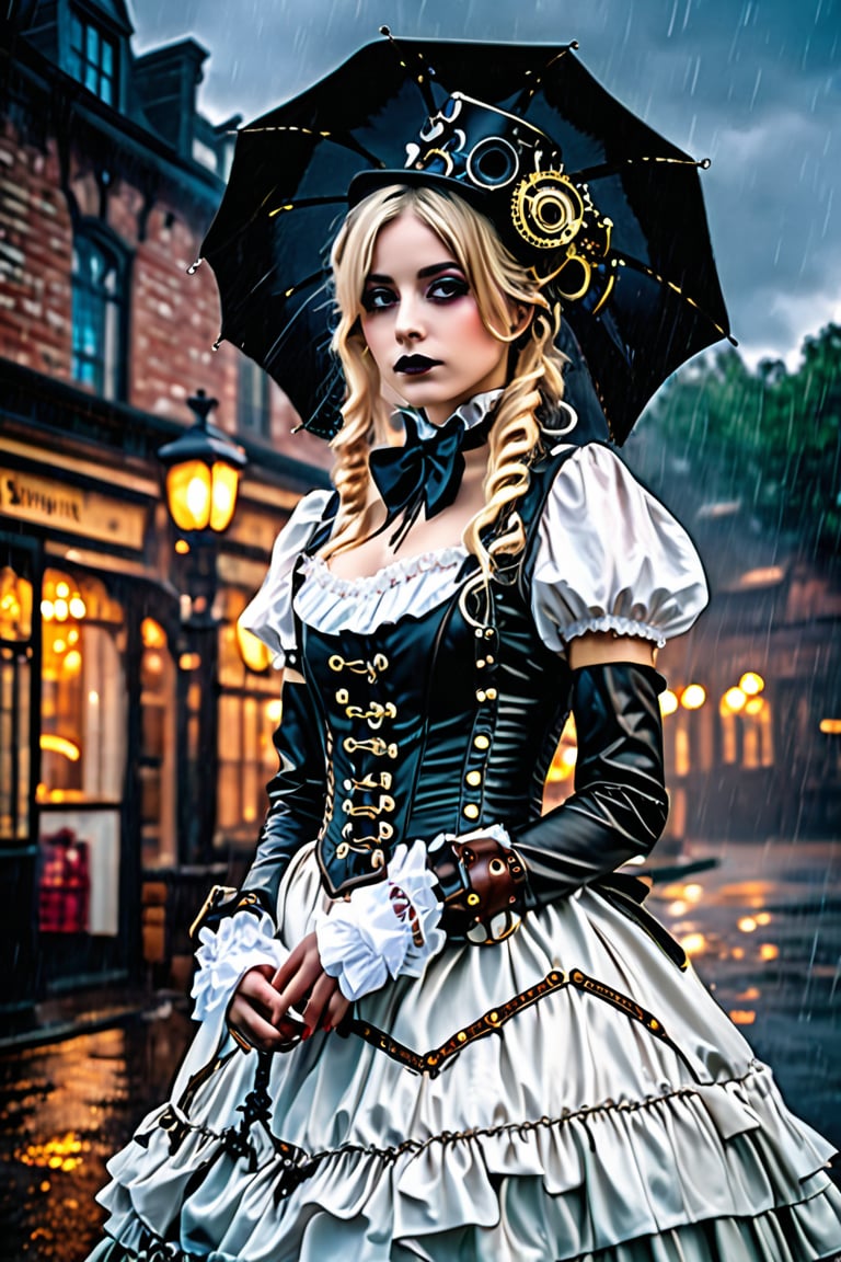 (8K, RAW shooting, highest quality, master piece), high resolution RAW color profile, (realistic, photorealism: 1.37), (highest quality), (best shadow), (best illustration), (reality: 1.2), ((Masterpiece, highest quality), (actual photo: 1.4), (gothic lolita :1.3), (steam punk:1.3), Sick beauty, White Elegance, A morbid beauty in a Gothic Lolita costume,  steam punk armor, looking up at the rainy sky with a melancholy expression, steam punk world, soft focus, excessive overexposure, airy photo, Cinema Lighting, Canon, High Detail, High Definition, HD Fine, 16K Resolution, Real, Raw Photo, Absurd, Absolute Resolution, Full body portrait, Full body Esbian,gothicstyle,(lolita)