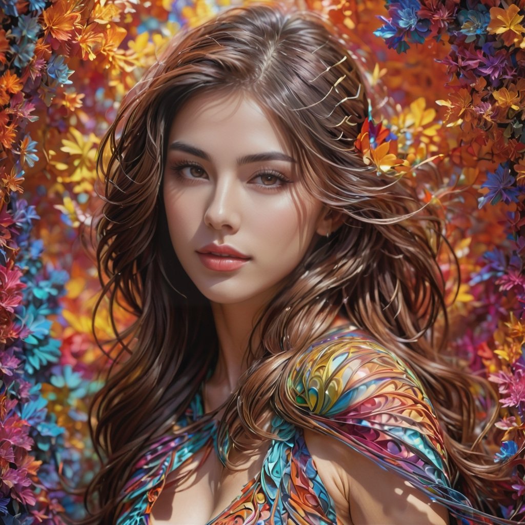 (Masterpiece, Best Quality), Intricately Detailed, 8k, Art Station, Wallpaper, Official Art, Splash Art, Sharp Focus, 1 Girl, Brown Hair, (Fractal Art: 1.4), Colorful, Most Detailed, (Zentangle: 1.4 ), facing forward, (abstract background: 1.5), (many colors: 1.4), 1 woman, (bust shot), mature woman, beautifully tousled hair, bewitching, sexy, gentle smile, harmonious Vignette, Highly Detailed, Neon Lights, Highly Detailed, Digital Painting, Art Station, Concept Art, Sharp Focus, Background by Heri Irawan, Hyperrealistic, Photorealism, Beautiful Face, Enhanced Hands, 3D, shadows, diagonal lighting, octane rendering, dripping paint,